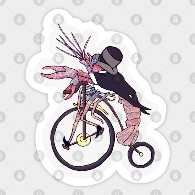 Lobster Shrimp Gentleman on Retro Bicycle Sticker by KikoeART